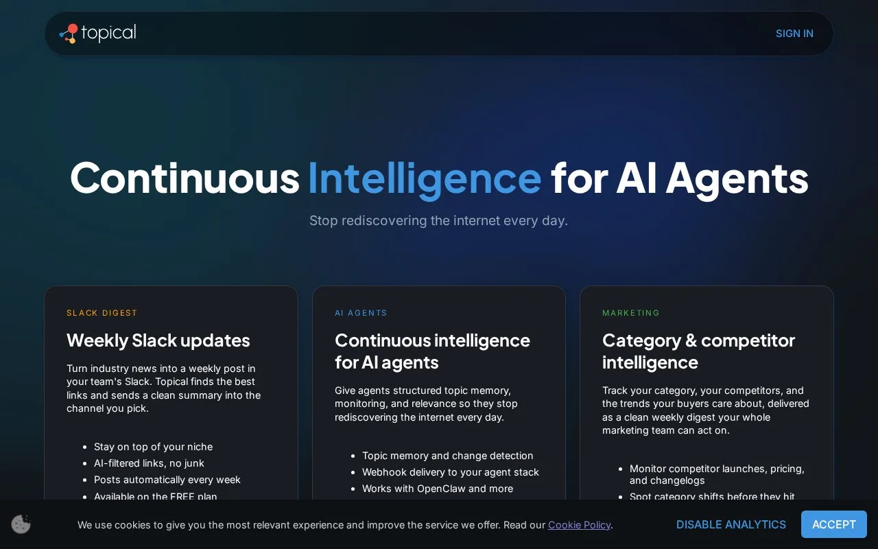 Screenshot of the Topical homepage