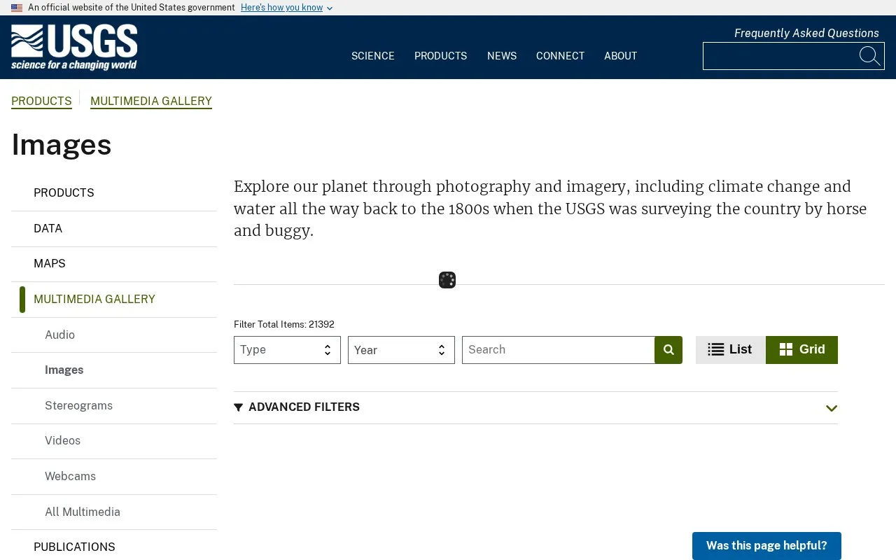Screenshot of the USGS Multimedia Images homepage