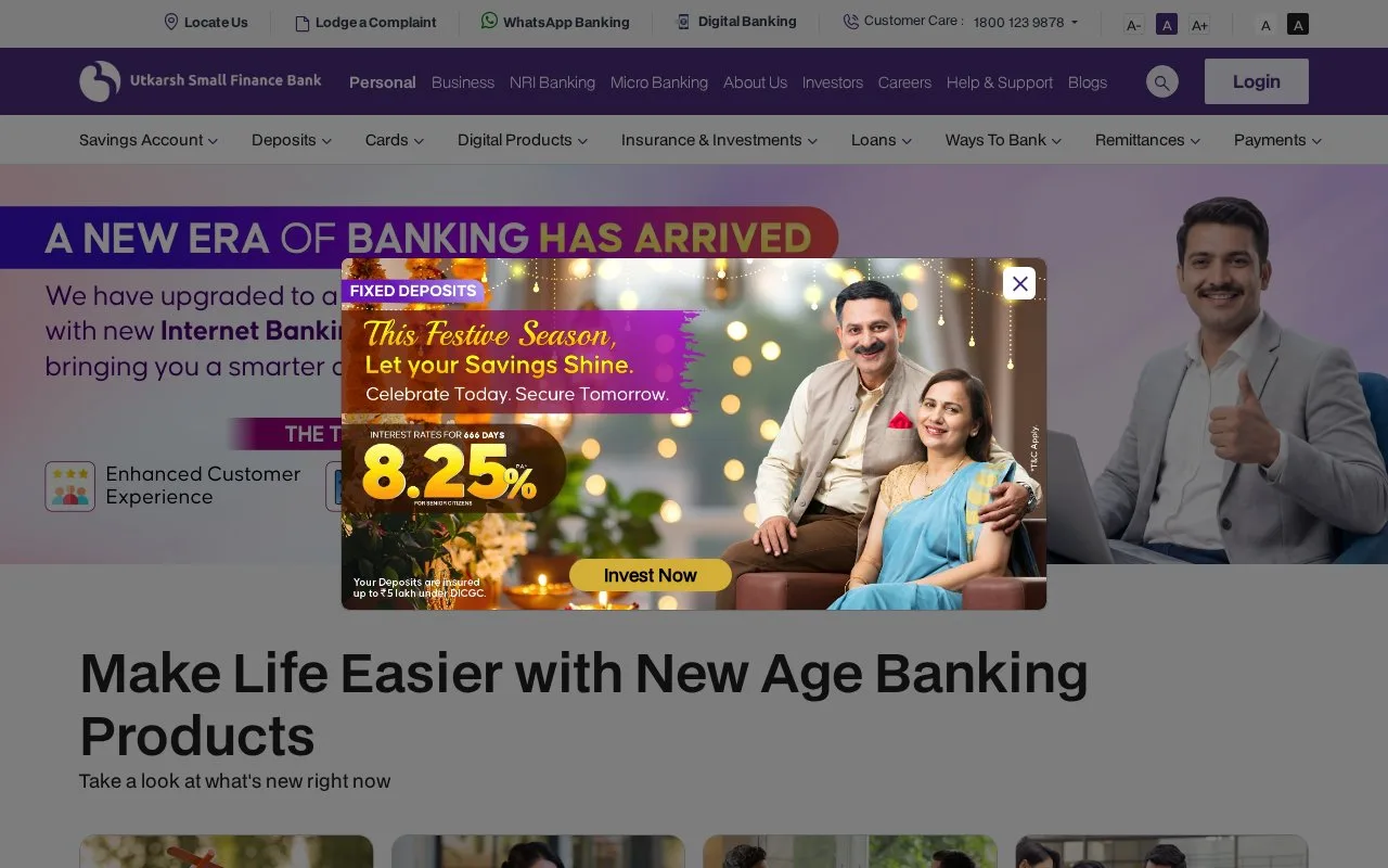 Screenshot of the Utkarsh Small Finance Bank homepage