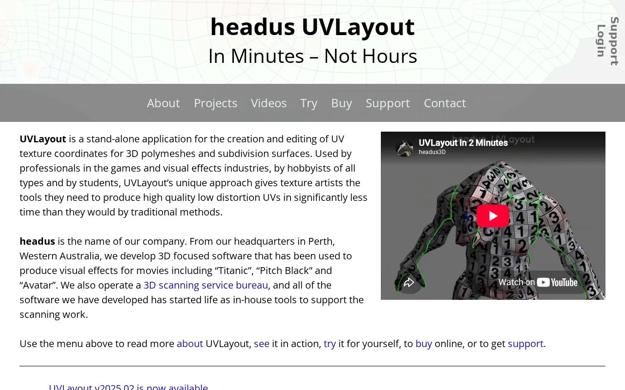 Screenshot of the headus UVLayout homepage