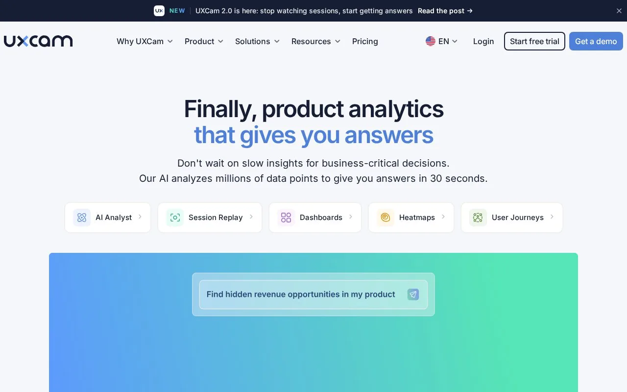 Screenshot of the UXCam homepage