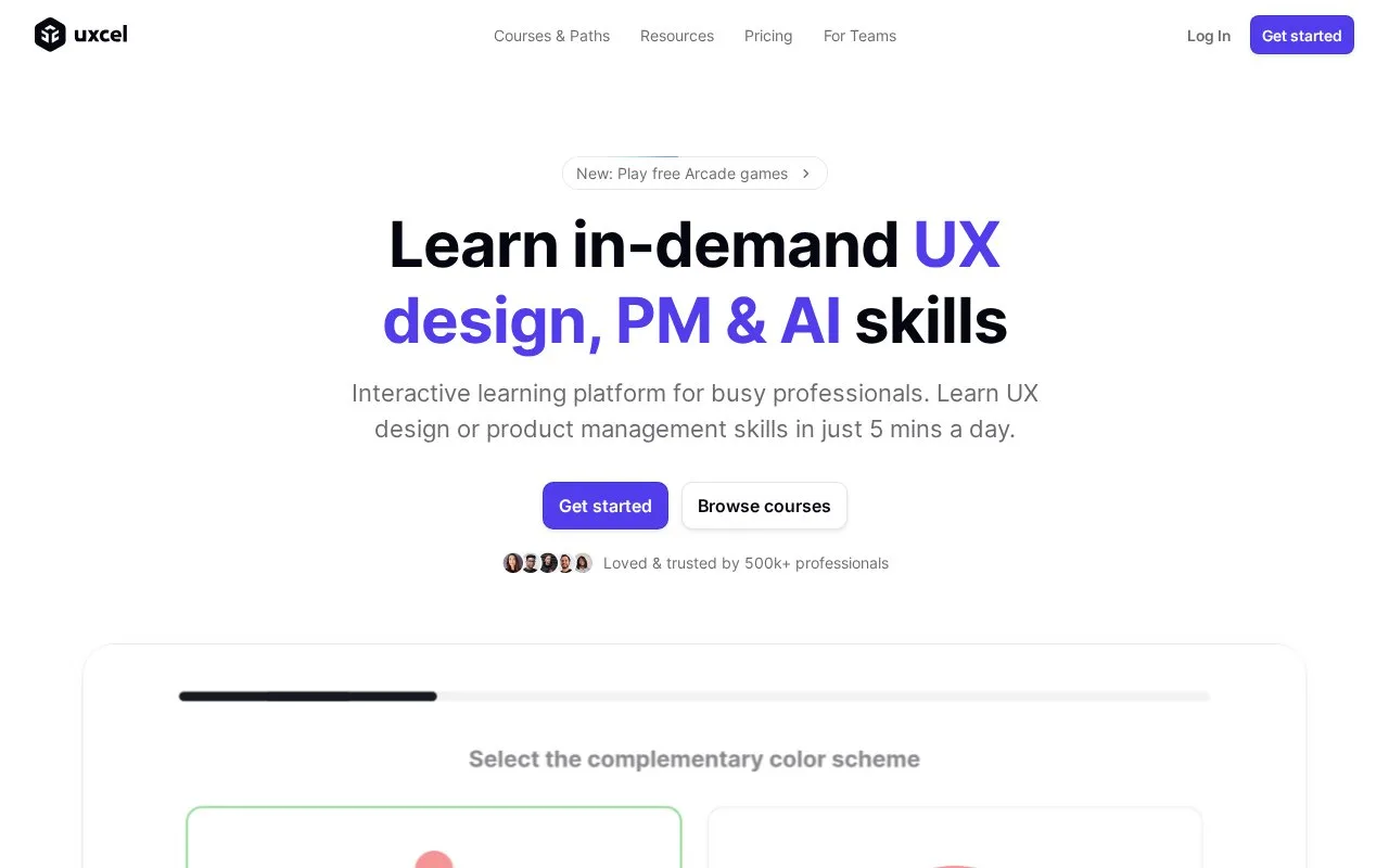 Screenshot of the Uxcel homepage