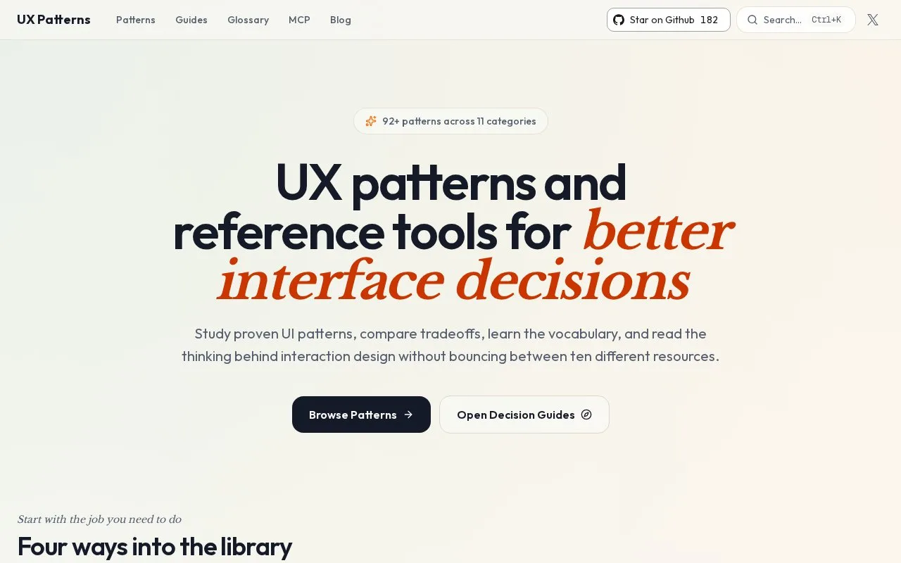 Screenshot of the UX Patterns for Developers homepage