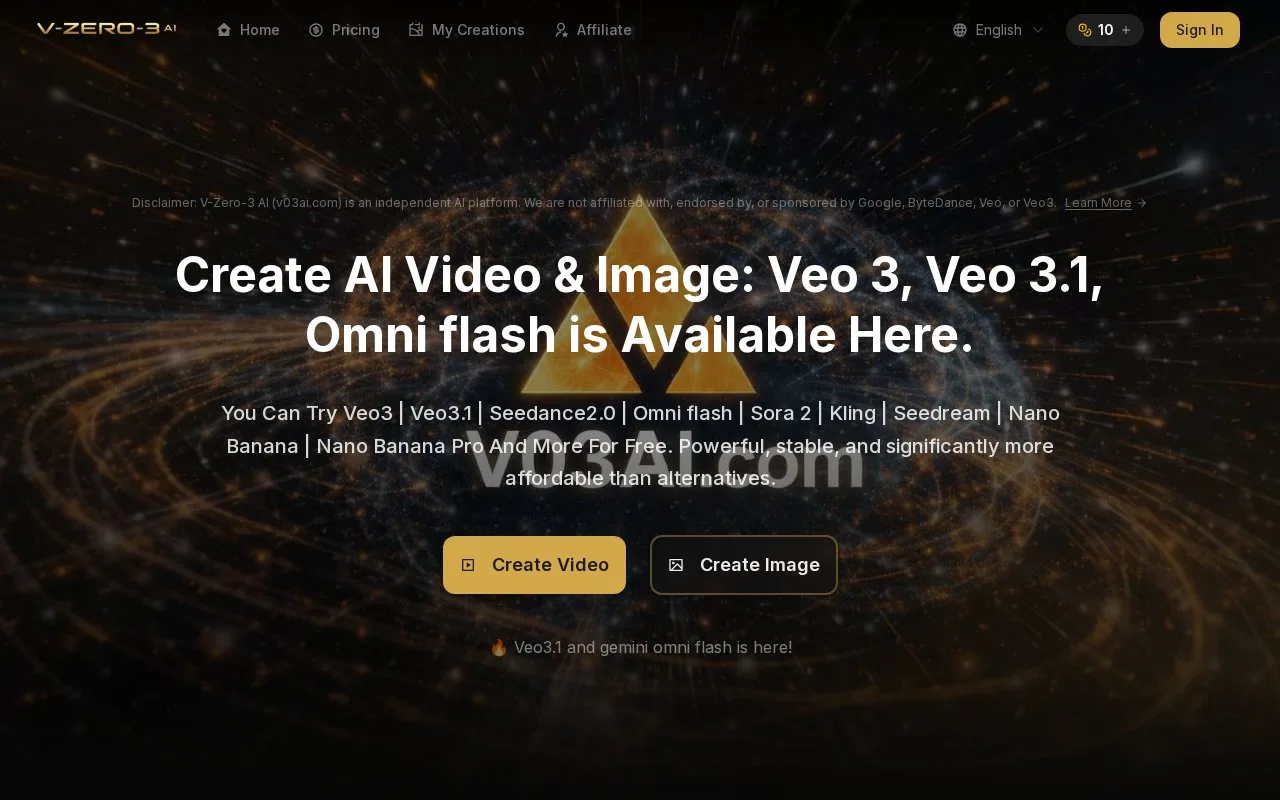 Screenshot of the V-Zero-3 AI homepage