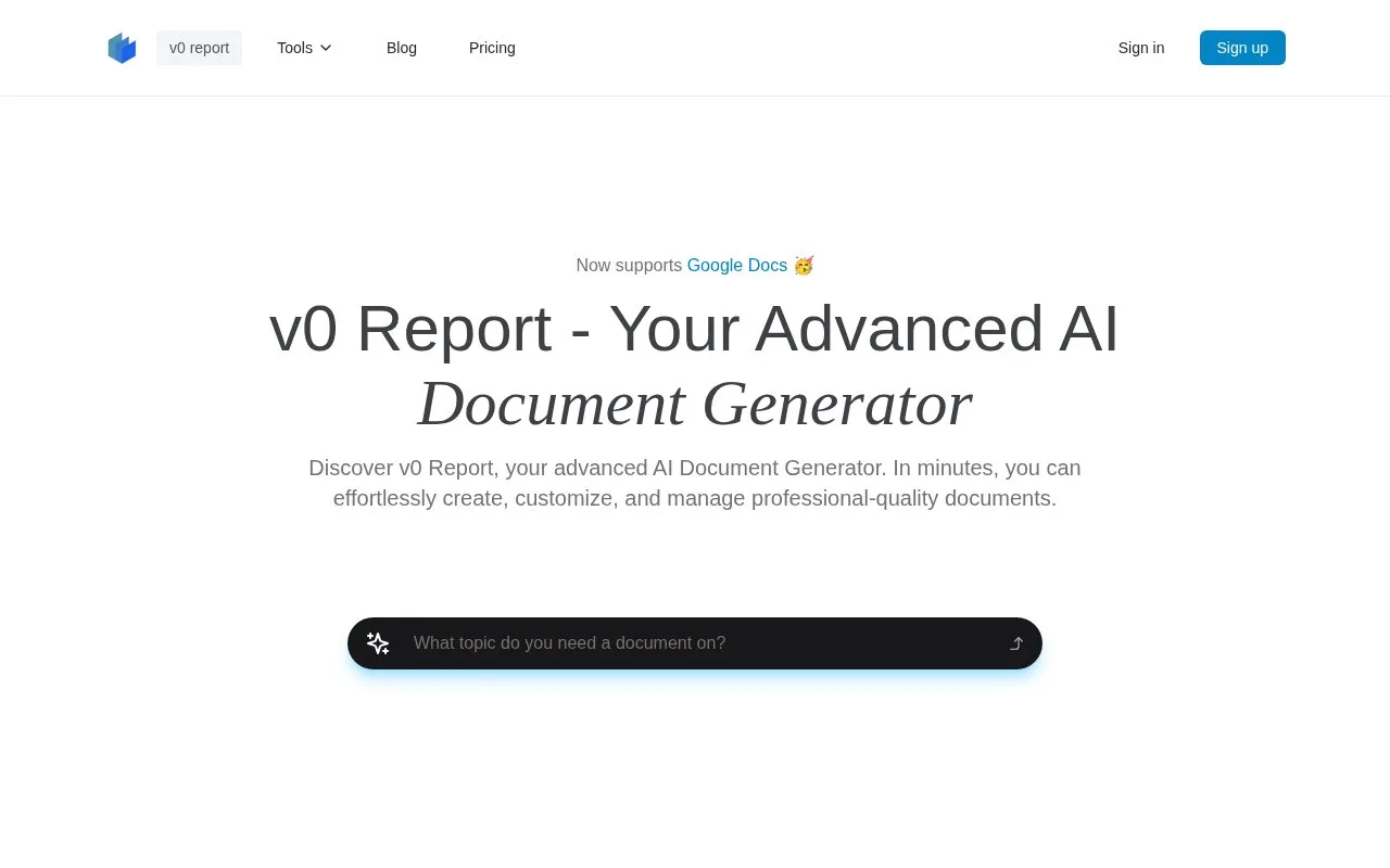 Screenshot of the v0 Report homepage