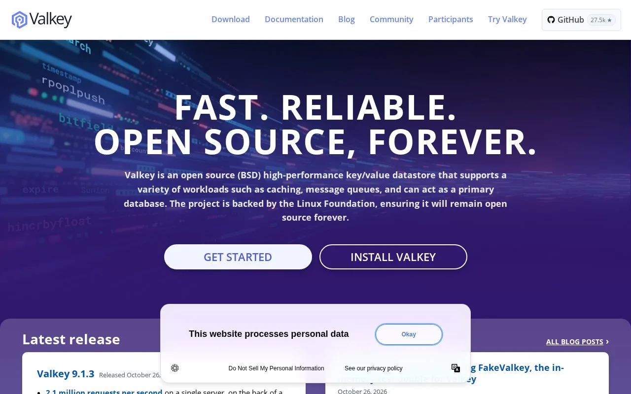 Screenshot of the Valkey homepage