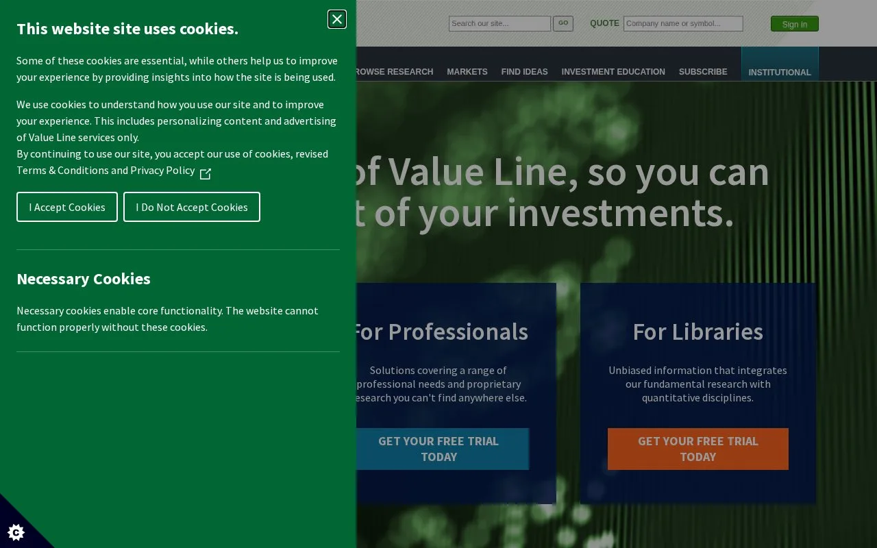 Screenshot of the Value Line homepage