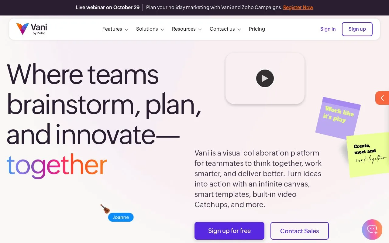 Screenshot of the Vani homepage