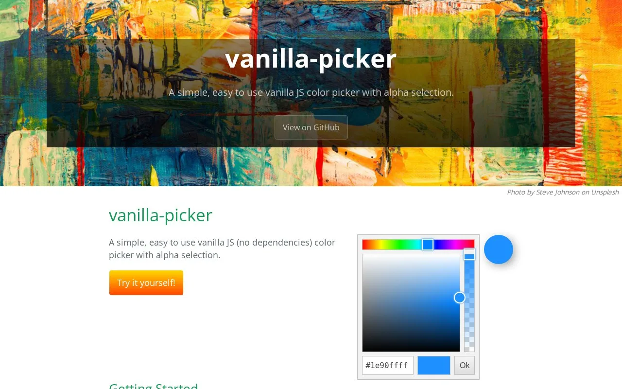 Screenshot of the vanilla-picker homepage