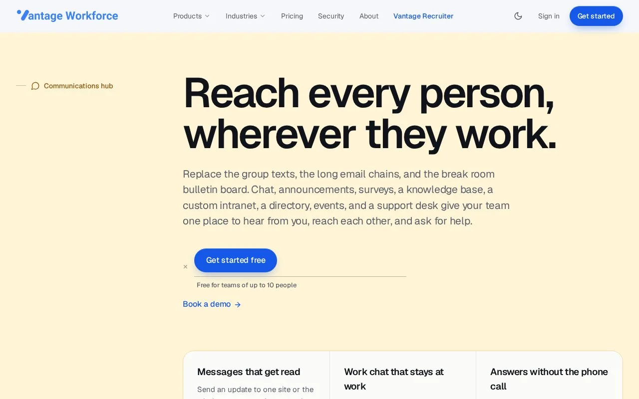 Screenshot of the Vantage Workforce Communications Hub homepage