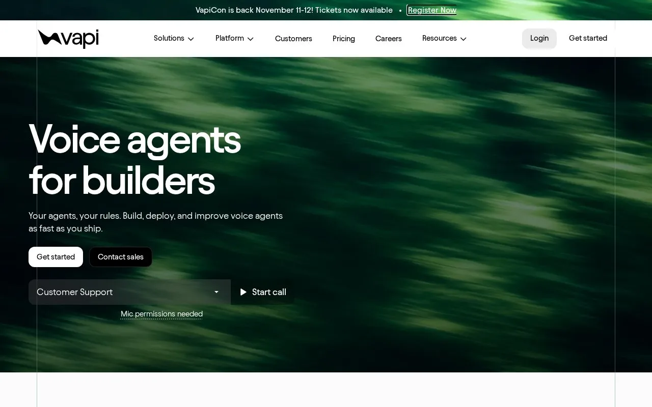 Screenshot of the Vapi homepage