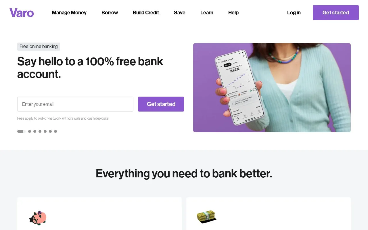 Screenshot of the Varo Bank homepage