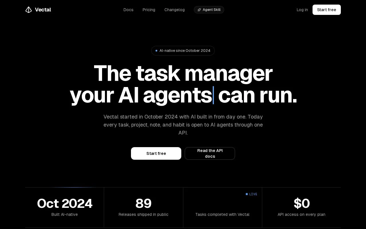 Screenshot of the Vectal homepage