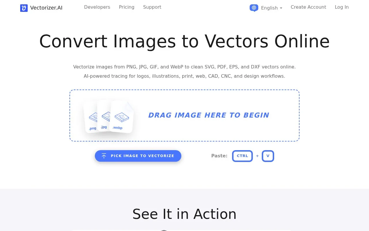 Screenshot of the Vectorizer.AI homepage