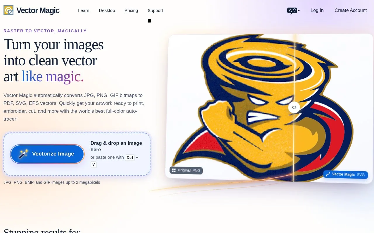 Screenshot of the Vector Magic homepage
