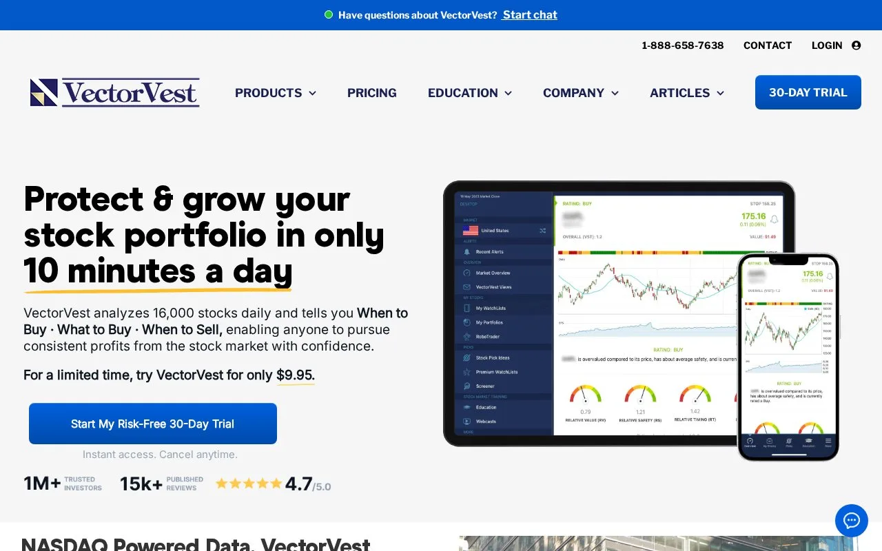 Screenshot of the VectorVest homepage