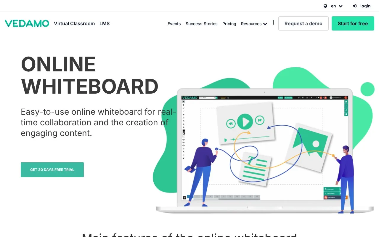 Screenshot of the VEDAMO Online Whiteboard homepage