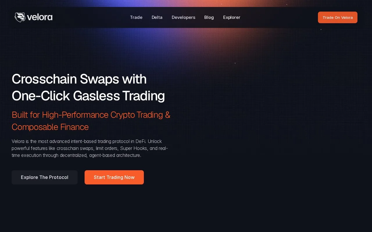 Screenshot of the Velora homepage