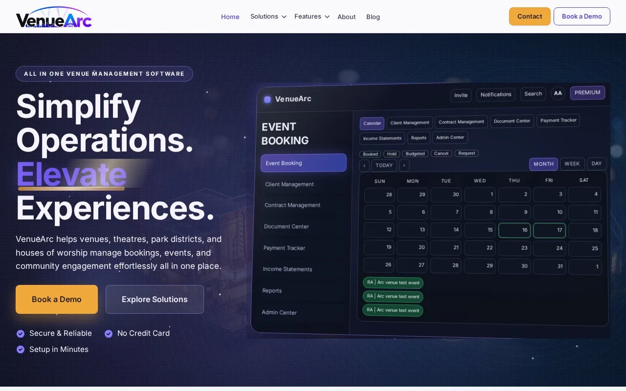 Screenshot of the VenueArc homepage
