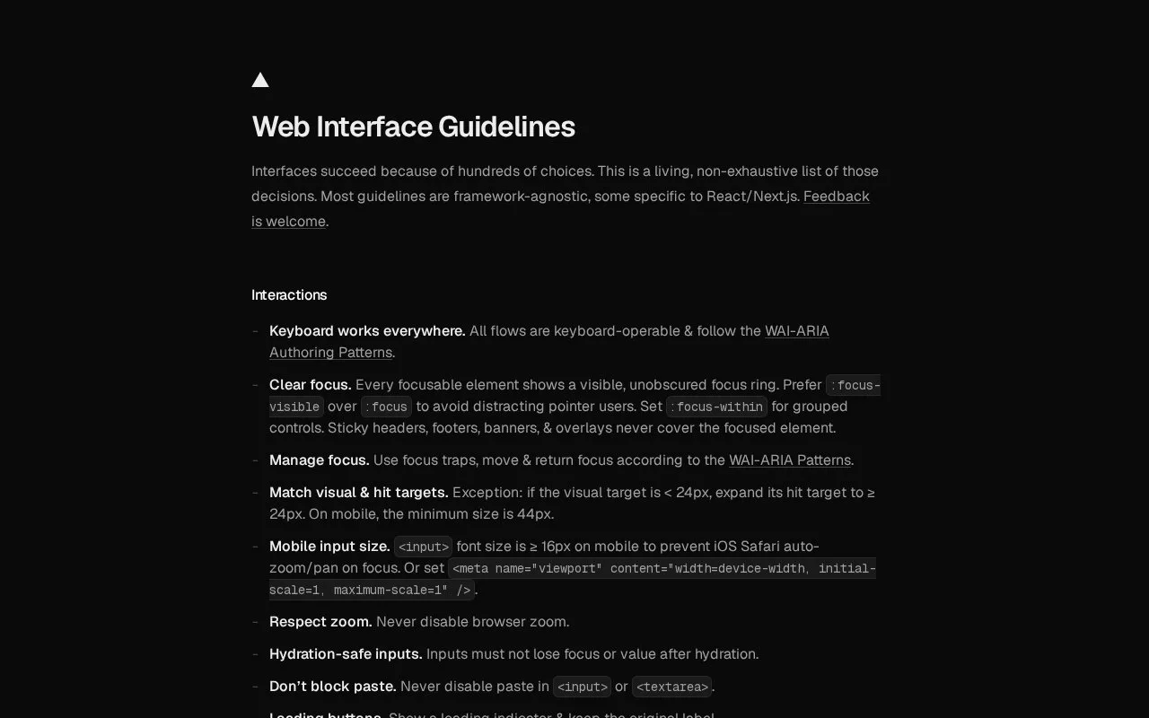 Screenshot of the Web Interface Guidelines homepage