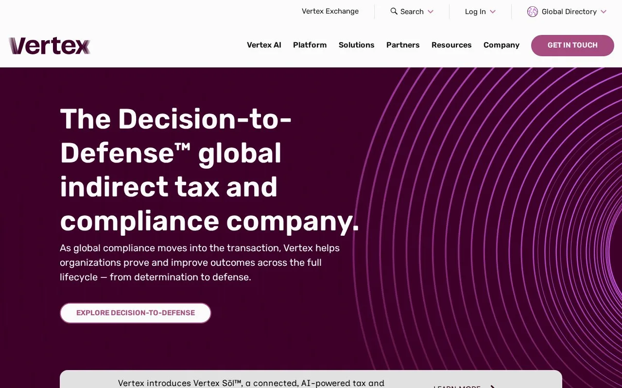 Screenshot of the Vertex homepage