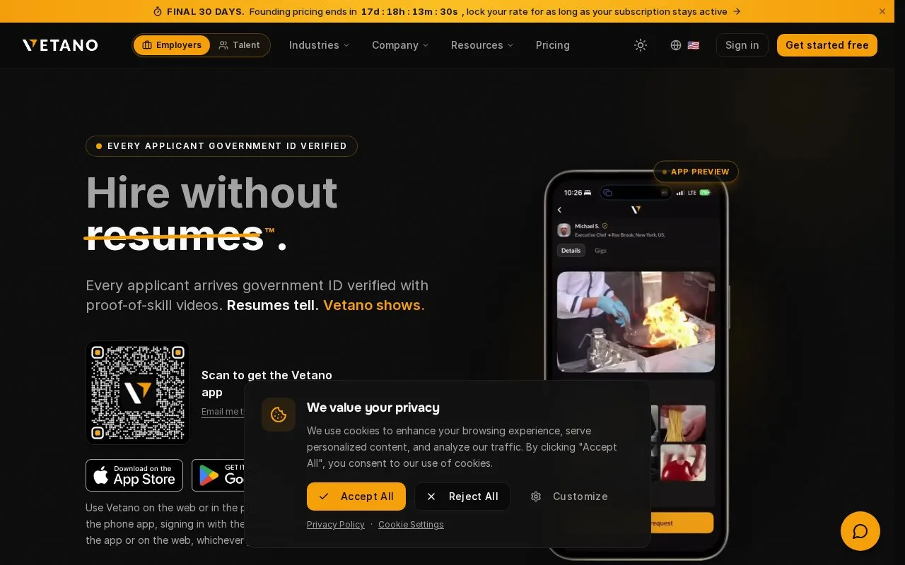 Screenshot of the Vetano homepage