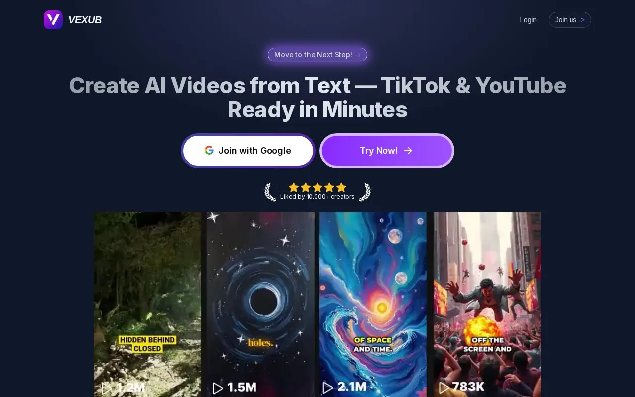 Screenshot of the Vexub homepage