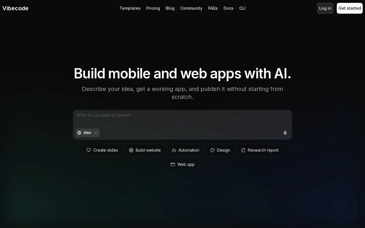 Screenshot of the Vibecode homepage