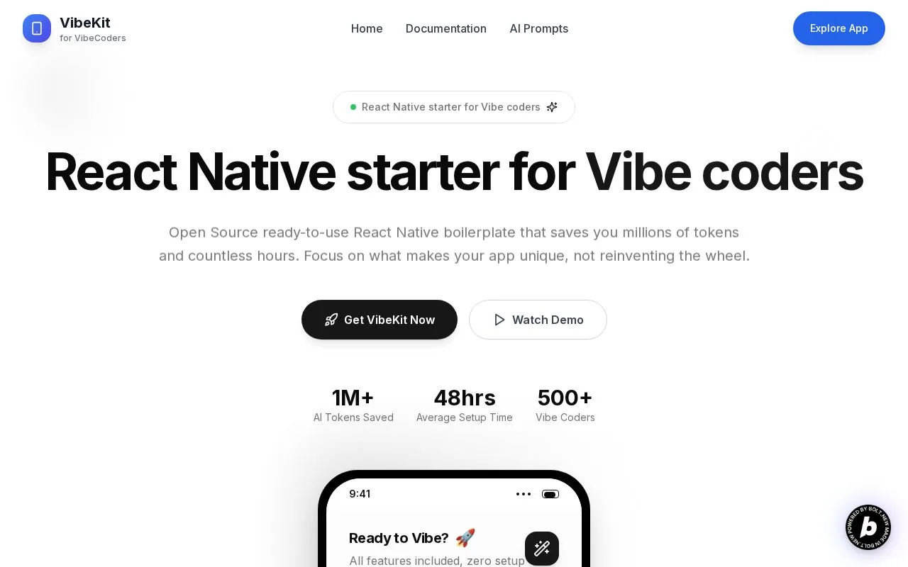 Screenshot of the VibeKit homepage
