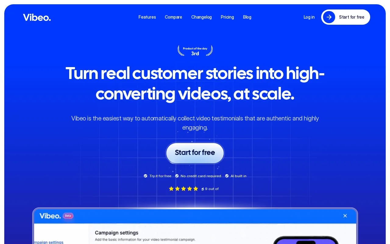 Screenshot of the Vibeo homepage