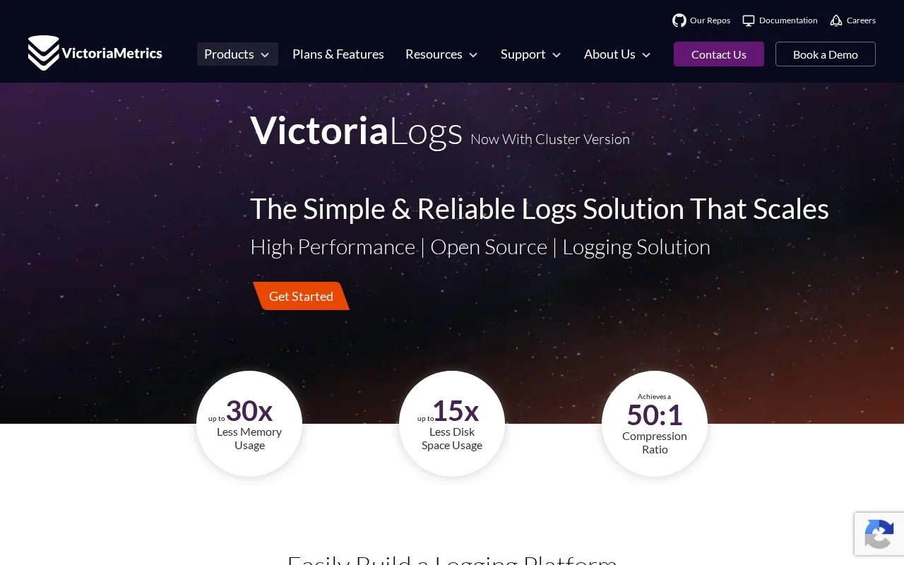 Screenshot of the VictoriaLogs homepage