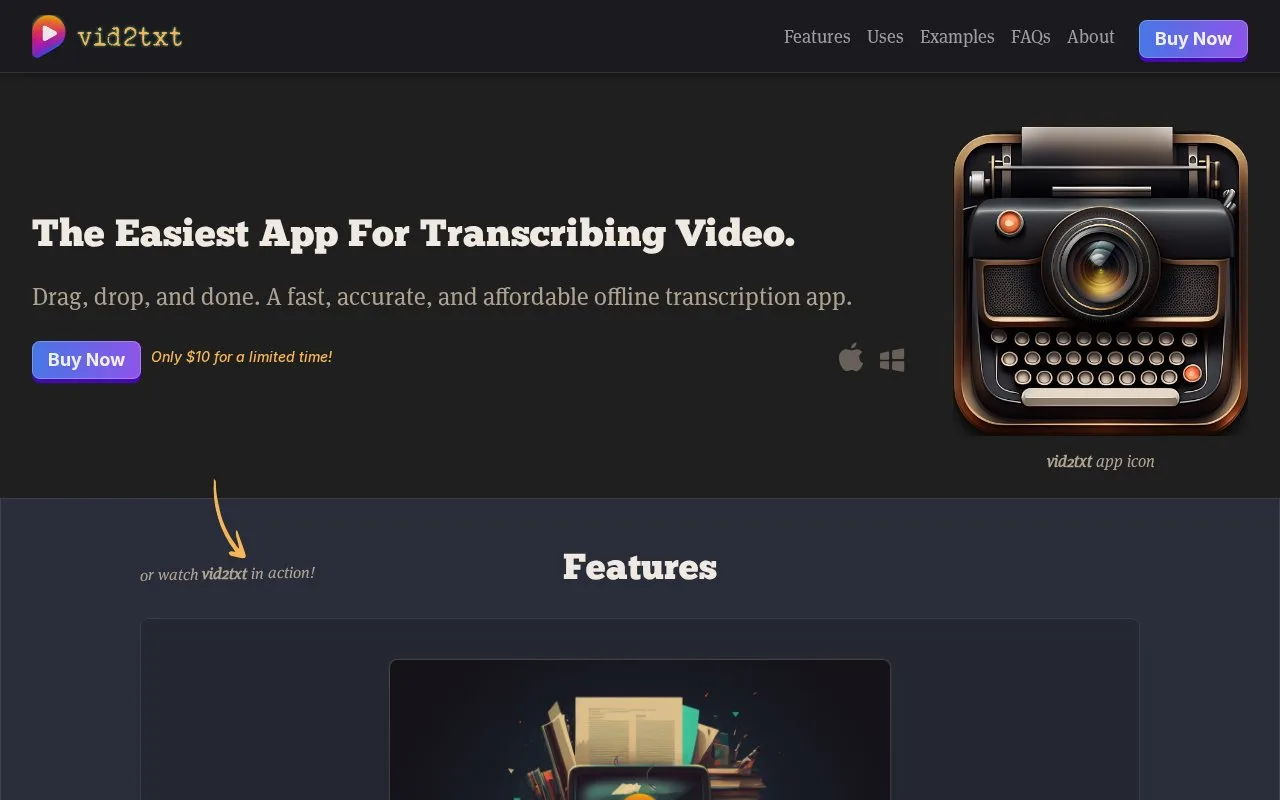 Screenshot of the Vid2txt homepage