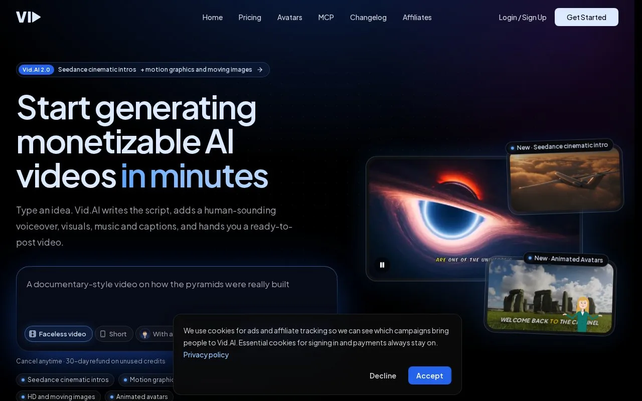 Screenshot of the Vid.AI homepage