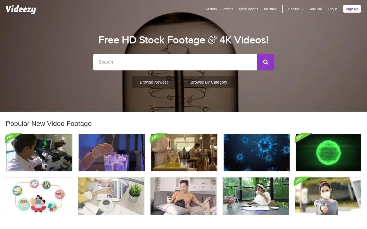 Screenshot of the Videezy homepage