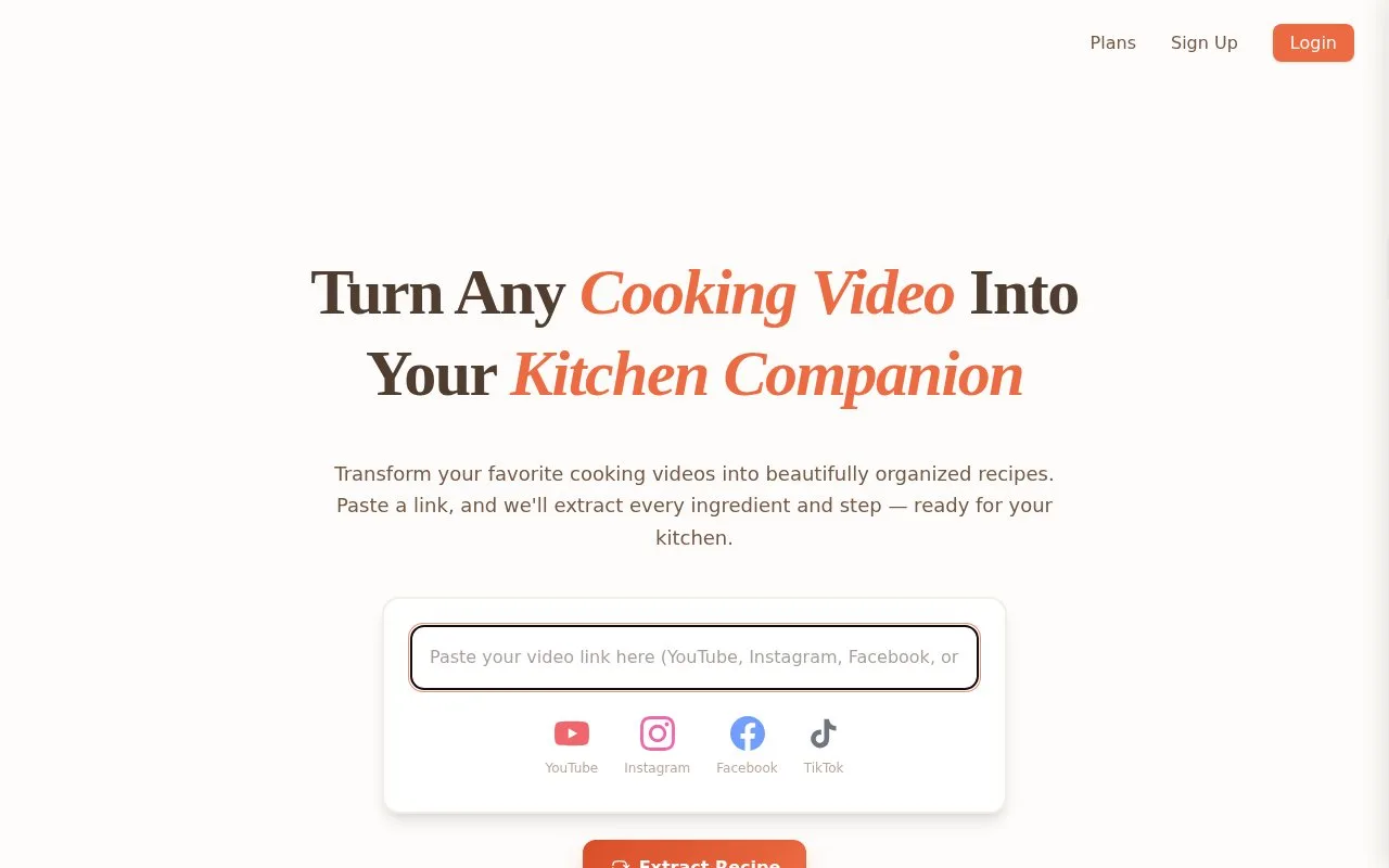Screenshot of the Video2Recipe homepage