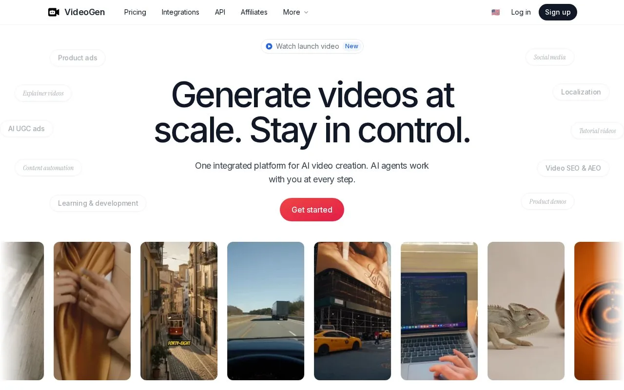 Screenshot of the VideoGen homepage