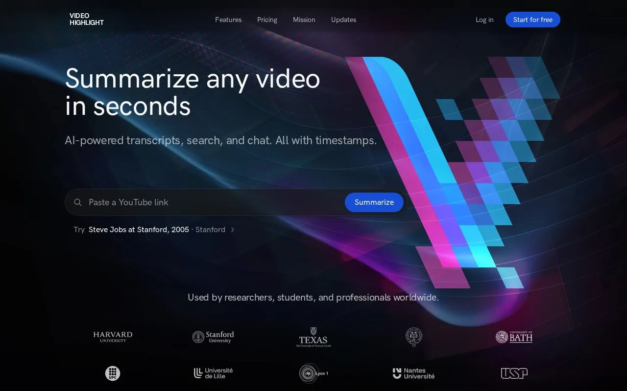 Screenshot of the Video Highlight homepage