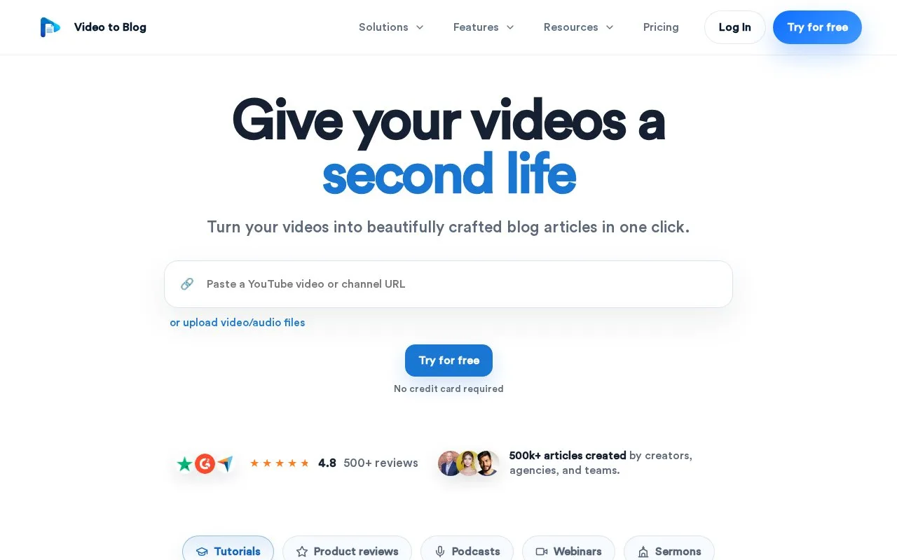 Screenshot of the Video to Blog homepage