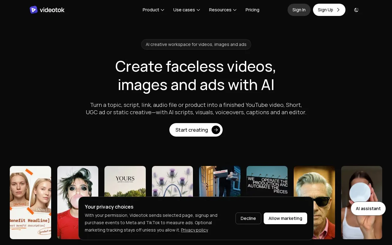 Screenshot of the Videotok homepage