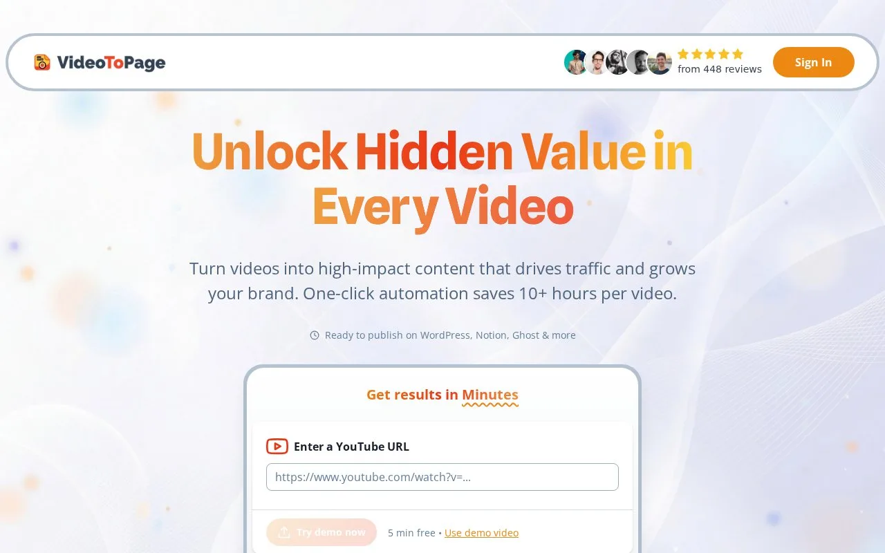 Screenshot of the VideoToPage homepage