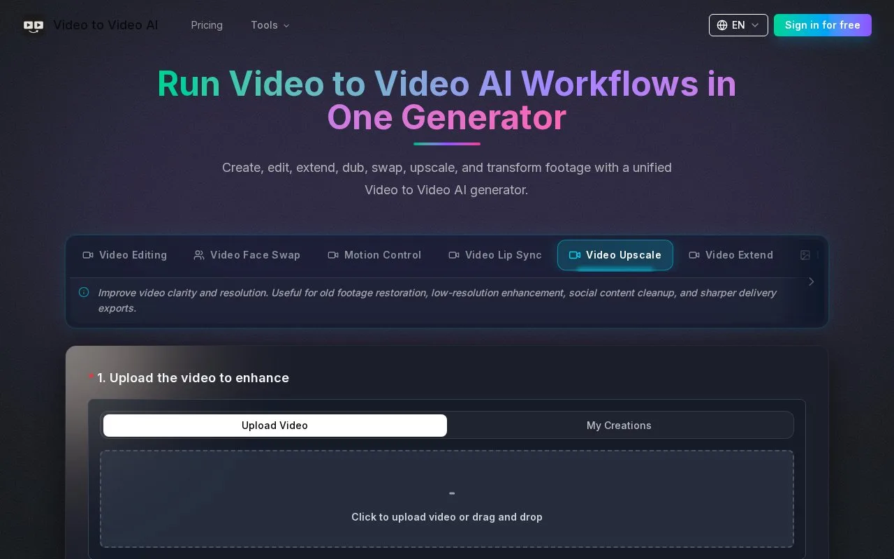 Screenshot of the Video to Video AI homepage