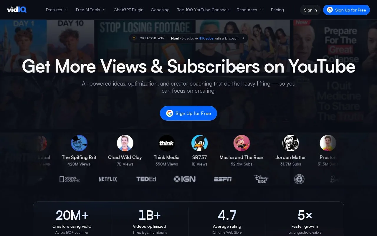 Screenshot of the vidIQ homepage