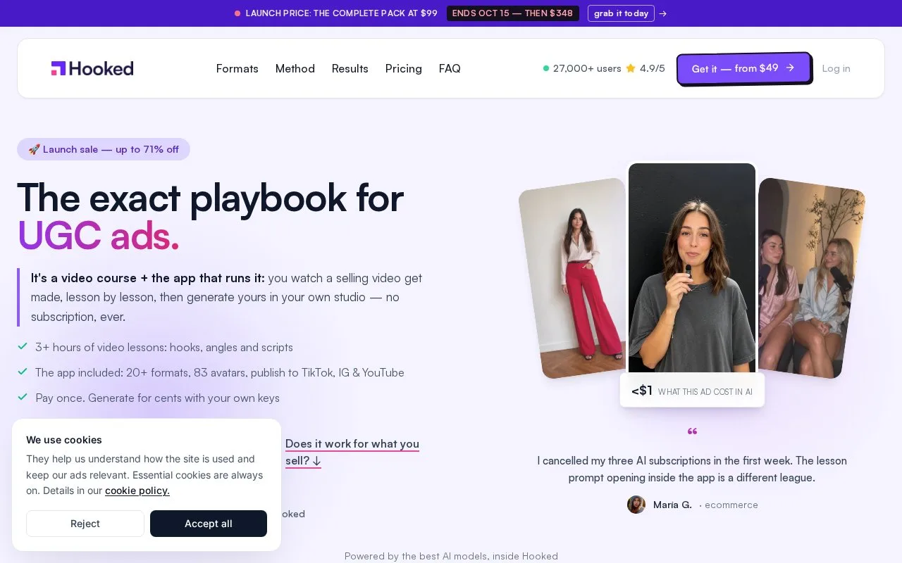 Screenshot of the Hooked homepage