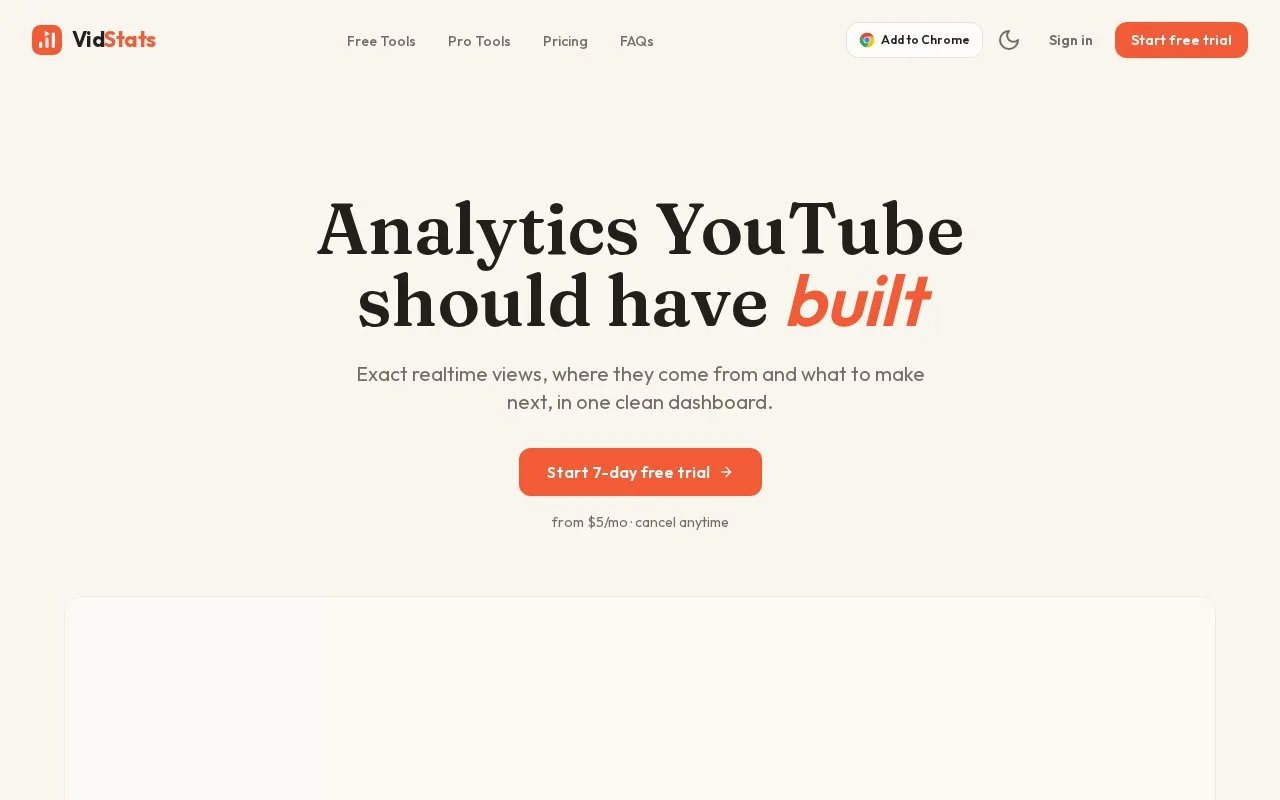 Screenshot of the VidStats homepage