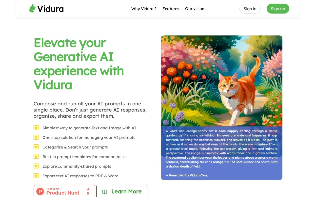 Screenshot of the Vidura homepage