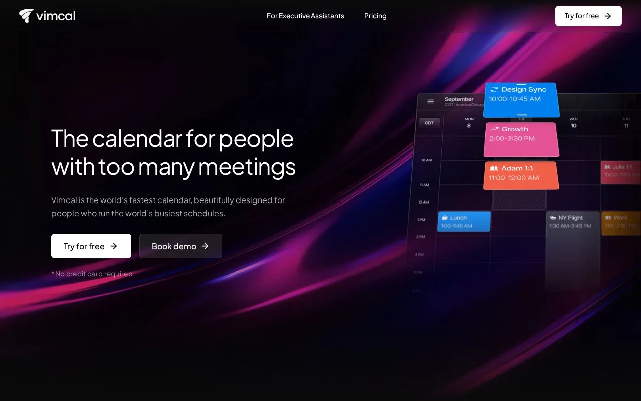 Screenshot of the Vimcal homepage