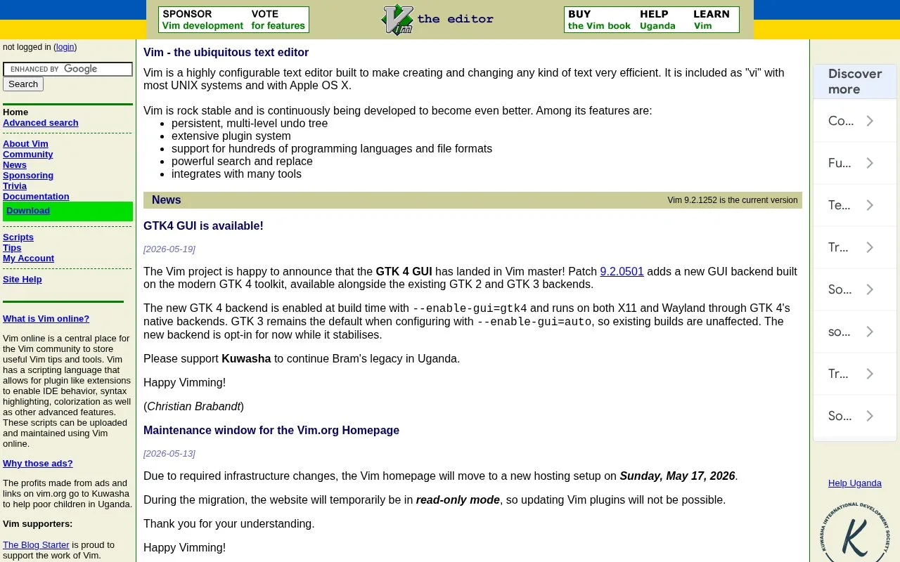 Screenshot of the Vim homepage
