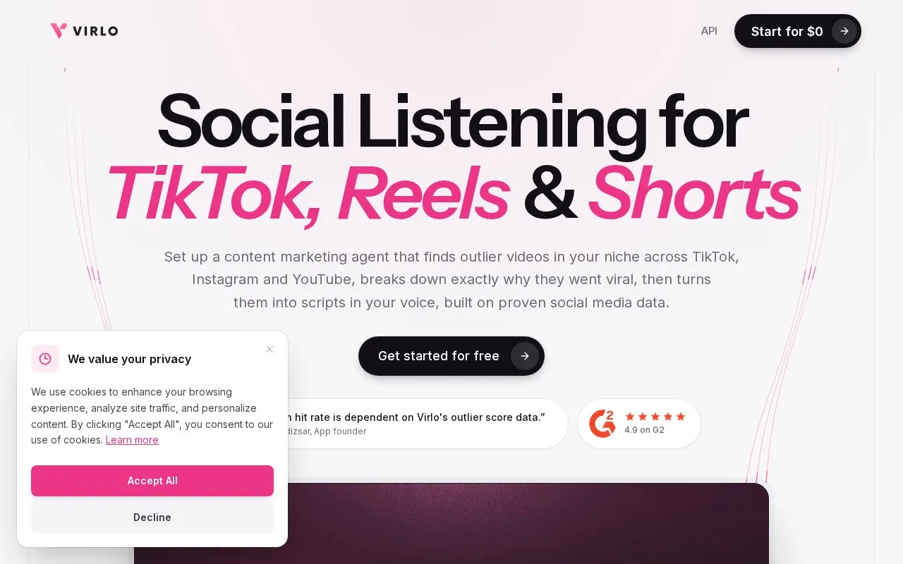 Screenshot of the Virlo homepage