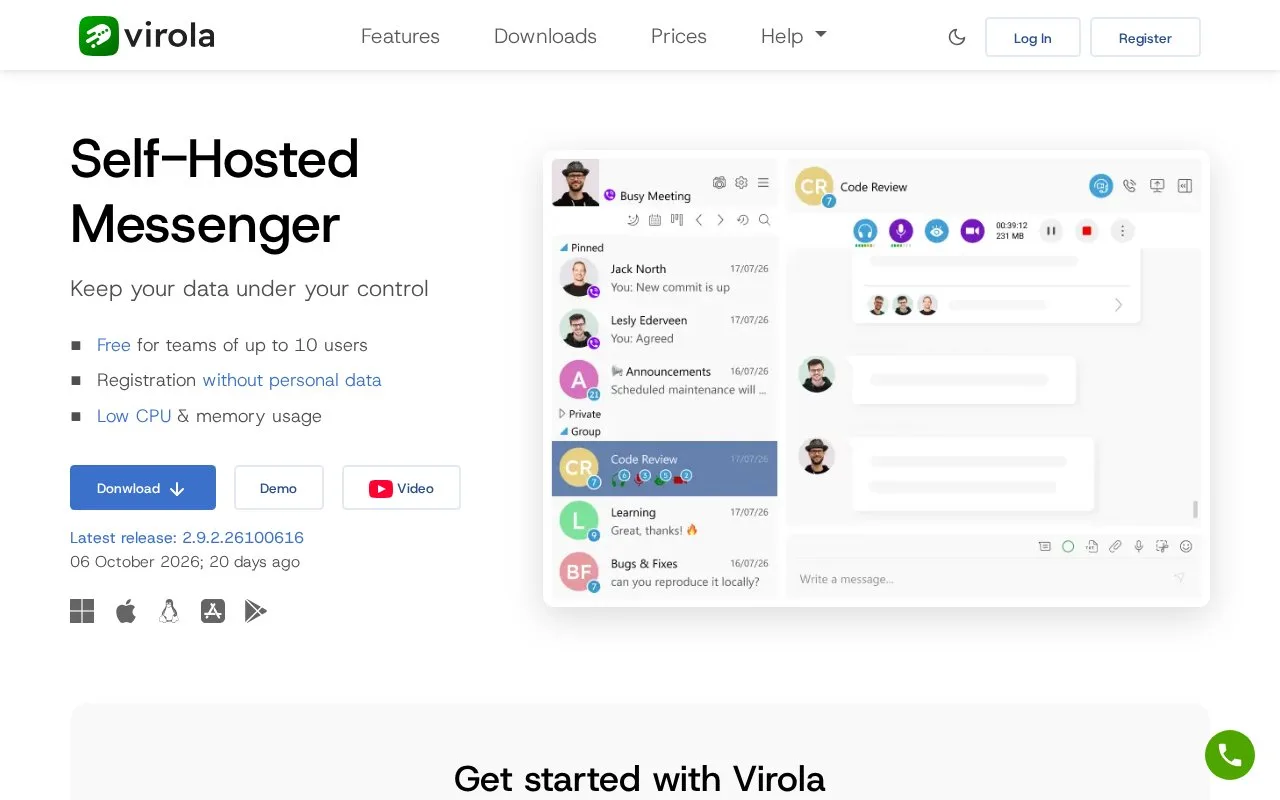 Screenshot of the Virola homepage