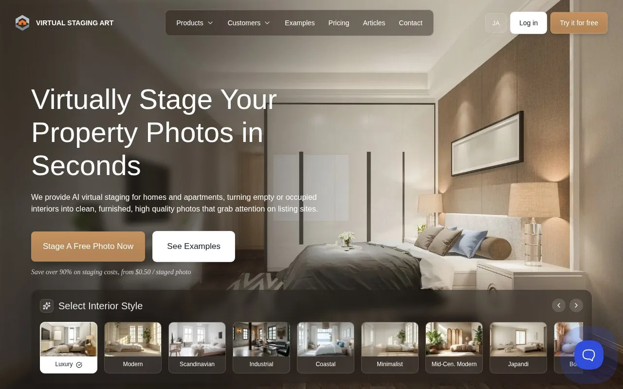 Screenshot of the Virtual Staging Art homepage